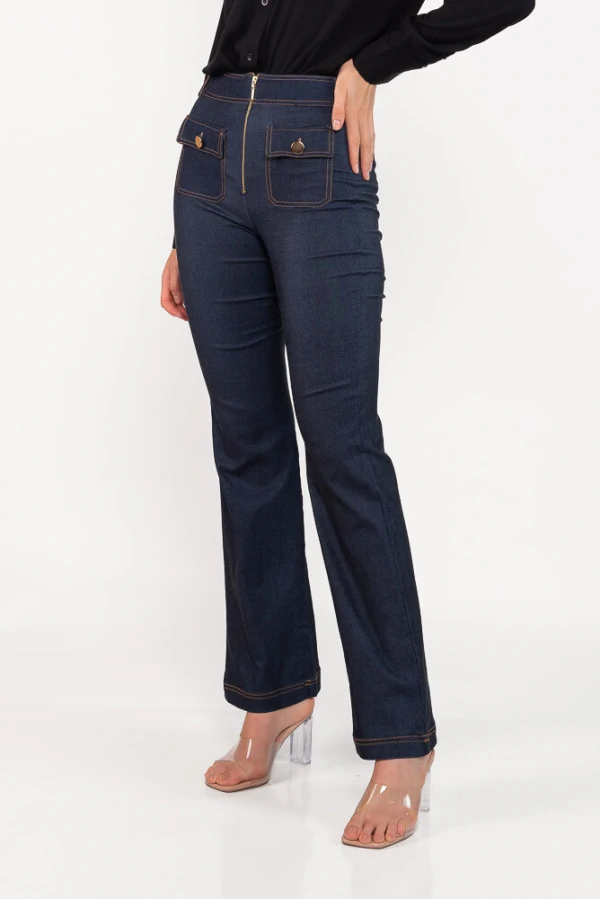 Calca flare jeans com ziper frontal