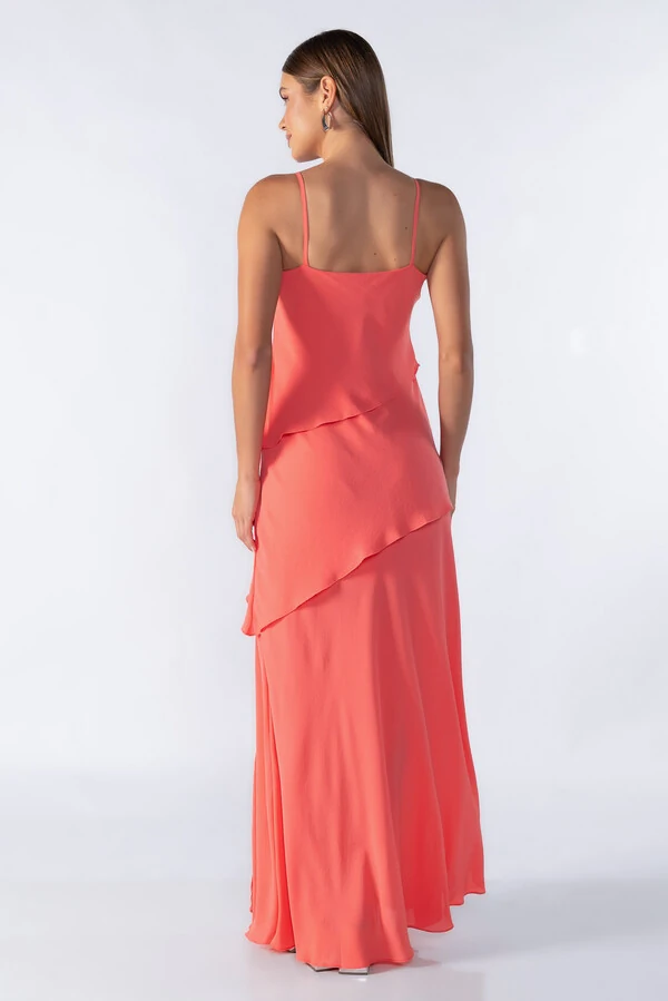 Vestido longo de alca com babados