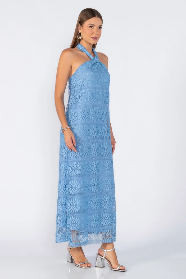 Vestido longo rendado com amarracao