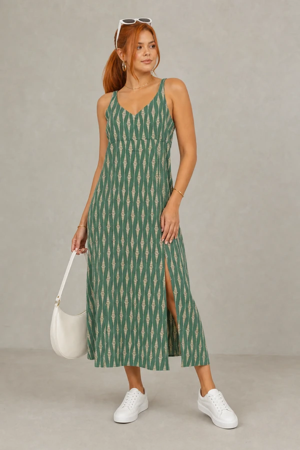 Vestido midi estampado com fenda