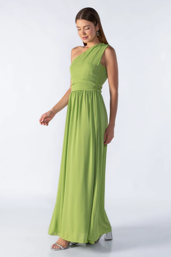 vestido longo manga nula com franzido na cintura