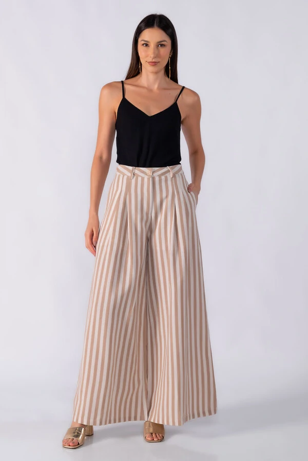 Calça pantalona ampla linho listrada