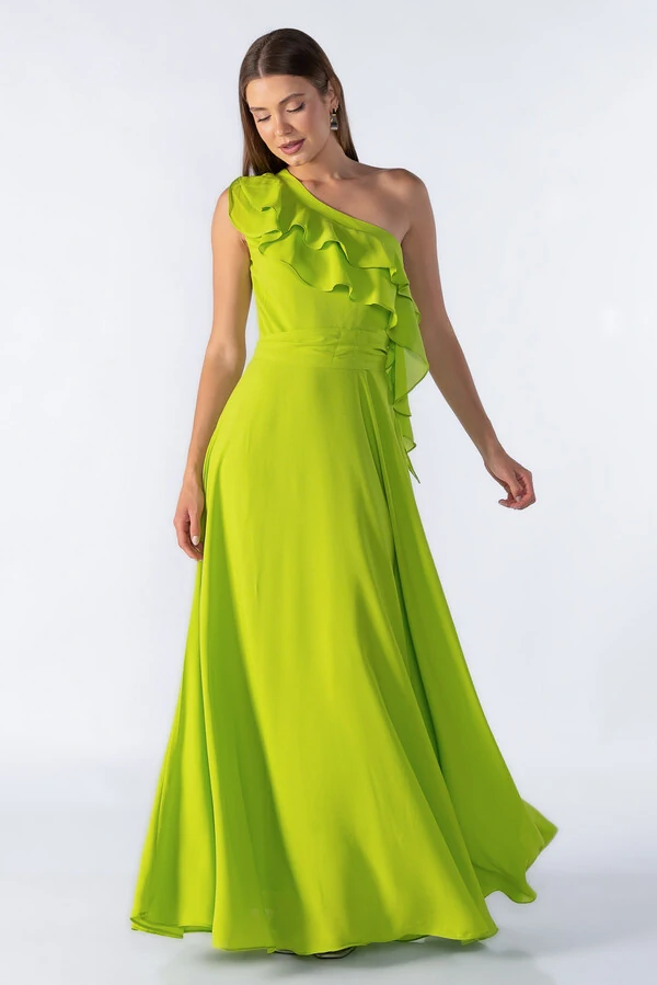 Vestido longo manga nula com babado
