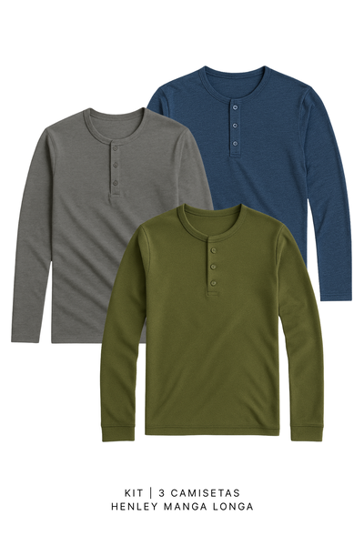 Kit 3 Camisetas Henley Regular Manga Longa