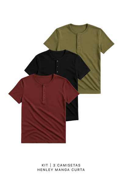 Kit 3 Camisetas Henley Regular Manga Curta