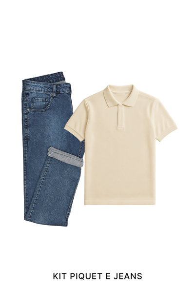 Kit 1 Camisa Polo Piquet e 1 Calça Jeans Reta 