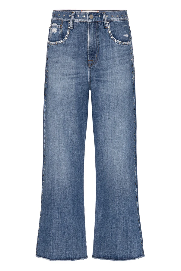 Calça Loose Cropped Tachas Jeans Médio