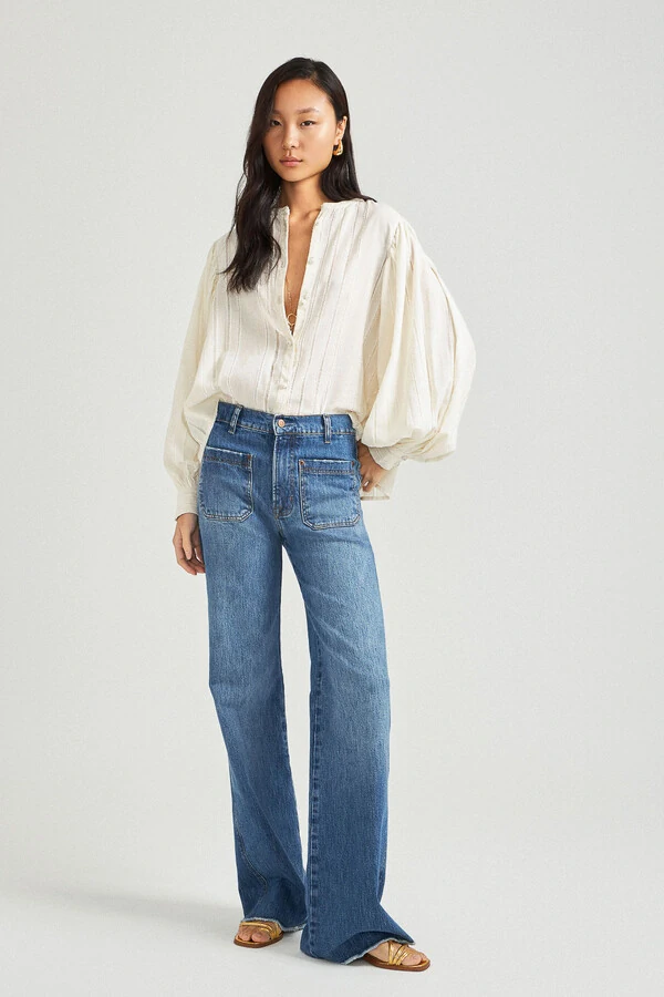 Calça Flare Bolso Jeans Médio