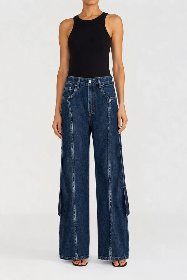 Calça Baggy Strap Jeans Escuro