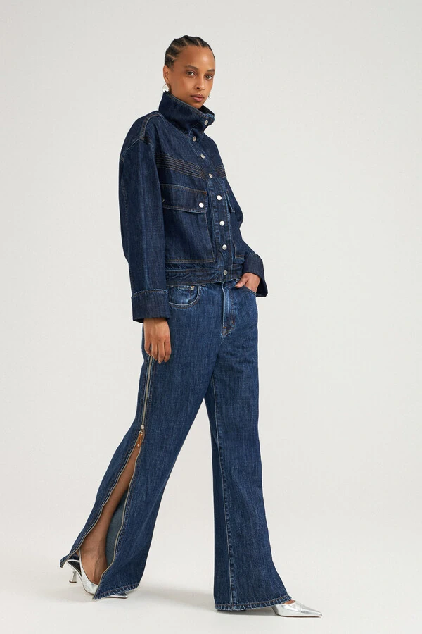 Calça Loose Zíper Jeans Escuro