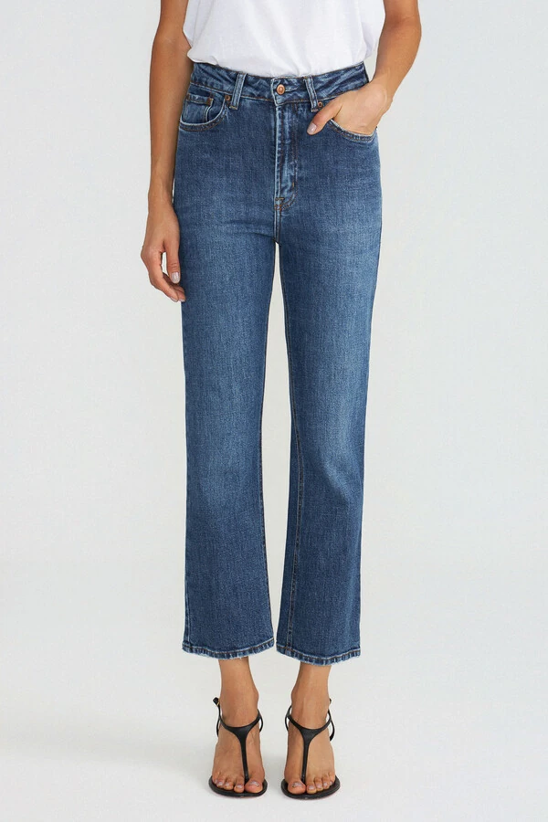 Calça Cropped Zip Jeans Escuro
