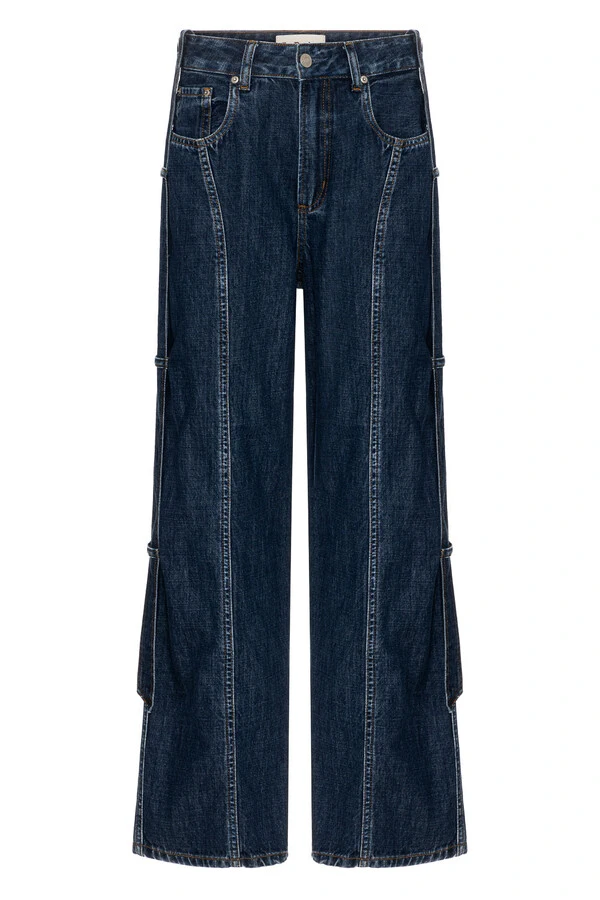 Calça Baggy Strap Jeans Escuro