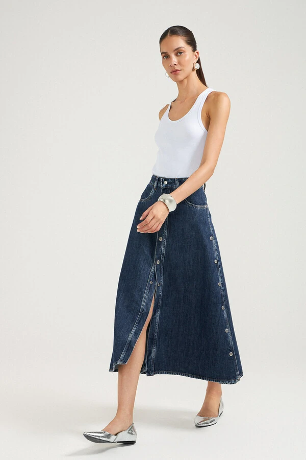 Saia Godê Botão Lateral Jeans