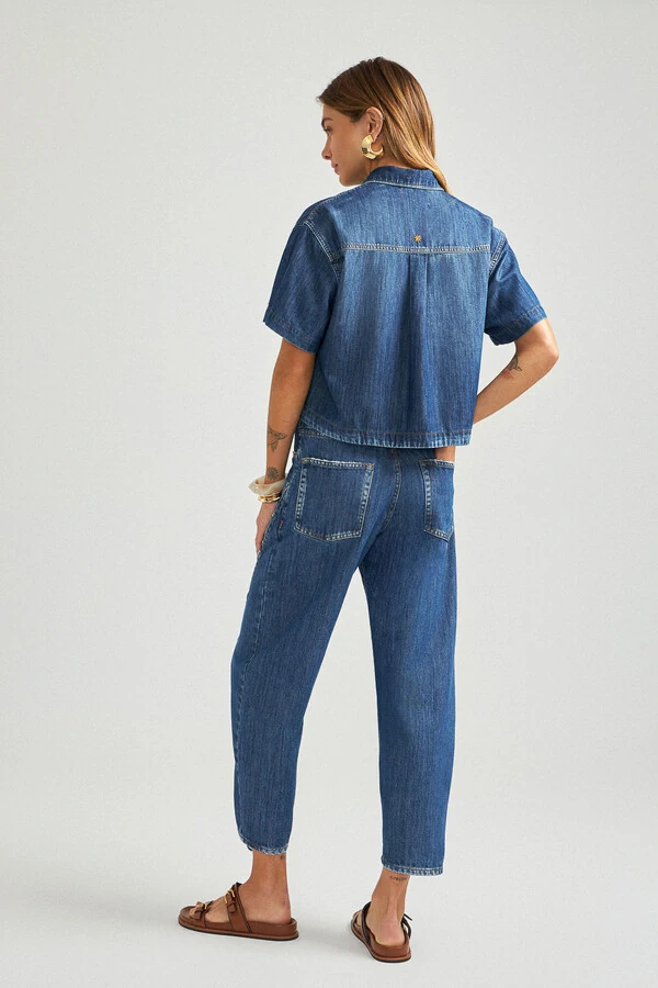 Calça Balloon Trançada Jeans Escuro