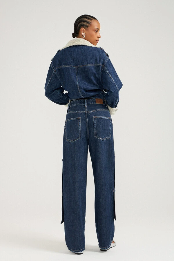 Calça Baggy Strap Jeans Escuro