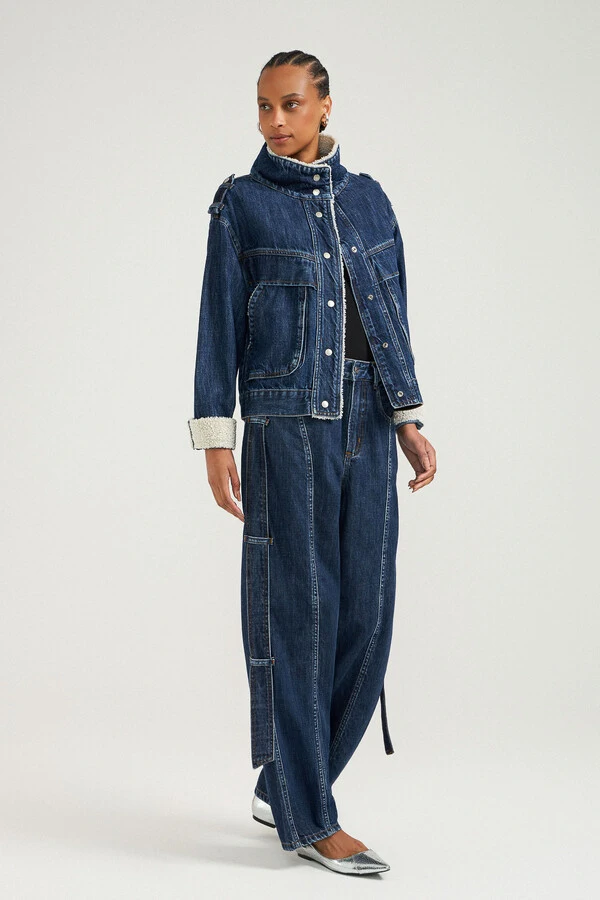 Calça Baggy Strap Jeans Escuro