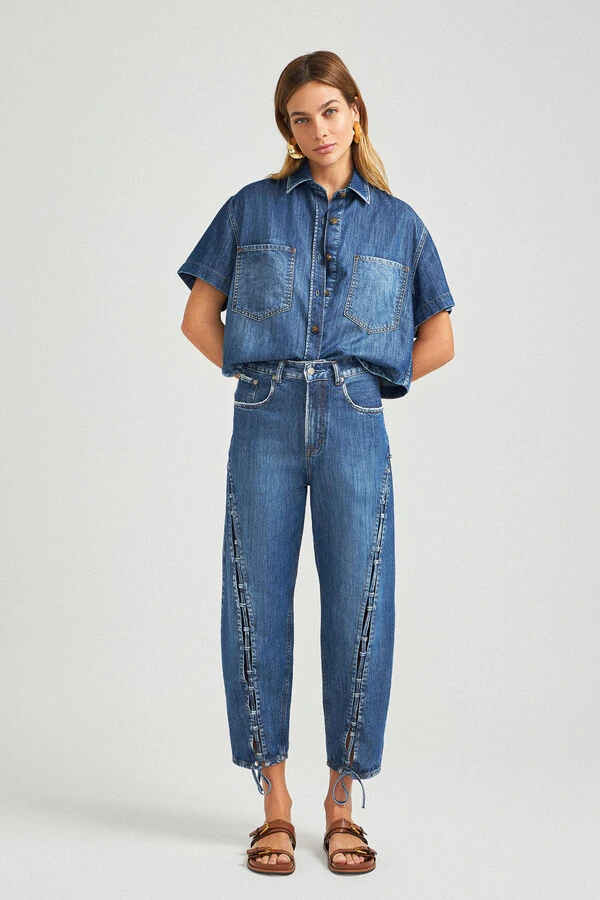 Calça Balloon Trançada Jeans Escuro
