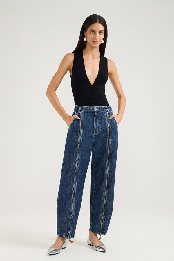 Calça Balloon Zíper Jeans Escuro