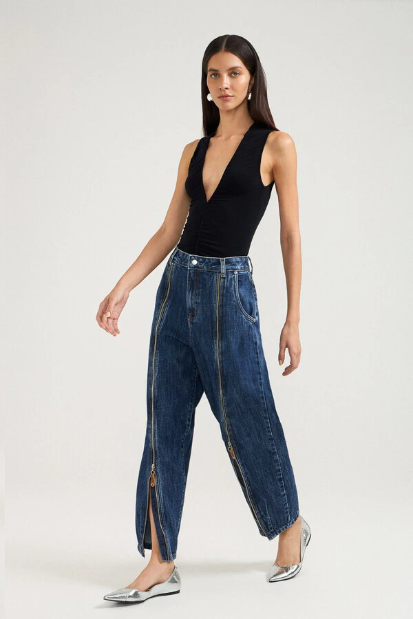 Calça Balloon Zíper Jeans Escuro