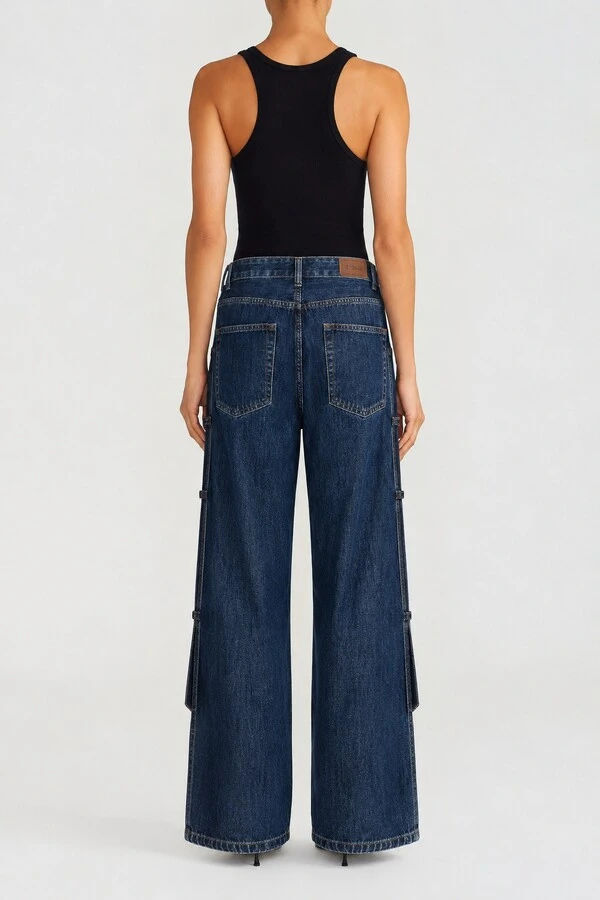 Calça Baggy Strap Jeans Escuro
