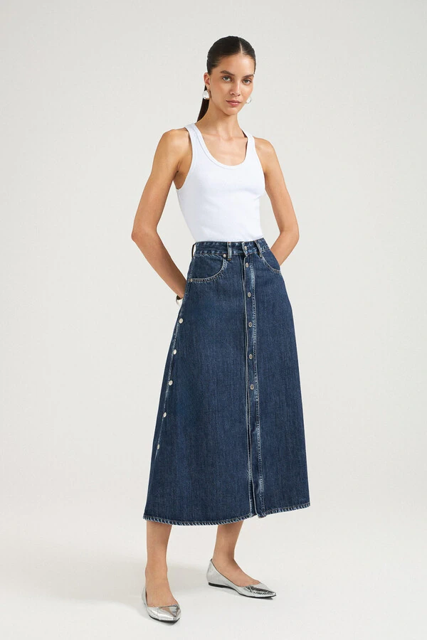 Saia Godê Botão Lateral Jeans