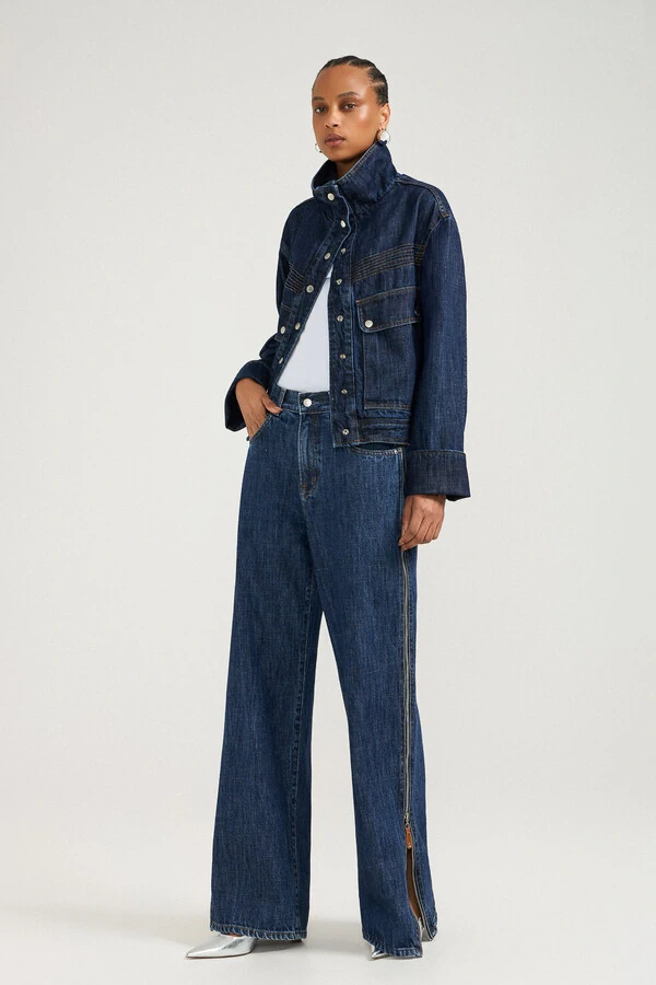 Calça Loose Zíper Jeans Escuro