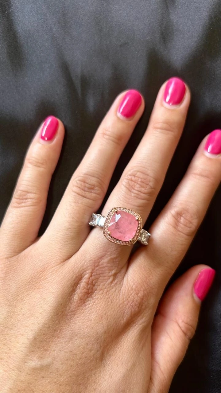 FotoAnel Solitário Quadrado fusion morganita aro zircônia Prata 925 Ródio