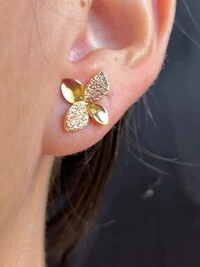 Brinco Flor 4 pétalas M micro cravação Prata 925 Ouro 18 k