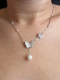 Colar Borboleta Zircônia Pérola Prata 925 Ródio