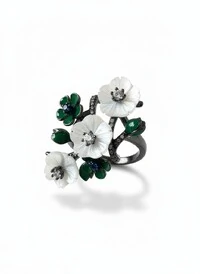 Anel Flor Buque madre pérola resina verde Prata 925 Ródio Negro
