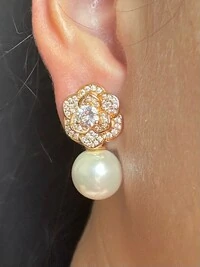 Brinco Pérola Flor Zircônia Prata 925 Ouro18K