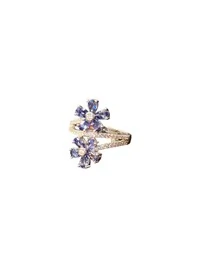 Anel 2 flores zircônia tanzanita Prata 925 Ródio