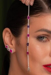 Pulseira Riviera retangular topázio rosa ametista zircônia 17 cm Prata 925 Ródio