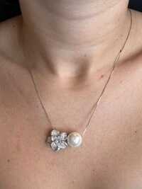 Colar Pérola Flor zircônia Prata 925 Ródio
