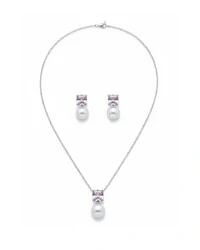 Conjunto colar e brinco pérola e topázio rosa Prata 925 Ródio