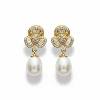 Brinco Trevo pérola baguete Prata 925 Ouro 18 k