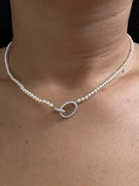 Colar Pérola fecho 2 elos micro cravação Prata 925 Ródio