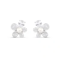 Brinco Flor micro cravação pérola natural Prata 925 Ródio