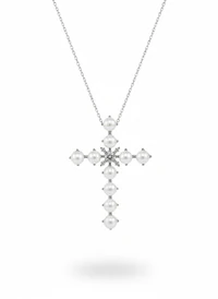 Colar Pérola cruz cravejada Prata 925 Ródio 60 cm Prata 925 Ródio
