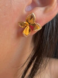 Brinco Flor 4 pétalas M zircônia borda Prata 925 Ouro 18 k