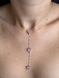 Colar Gravata 3 pedras quartzo rosa Prata 925 Ródio
