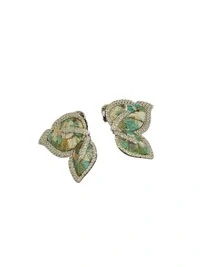 Brinco duas folhas verde Zircônia Prata 925 Ródio