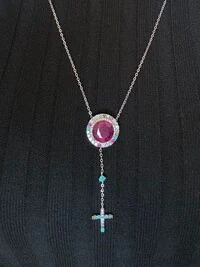 Colar Redondo Rubi Cristal Cruz Prata 925 Ródio