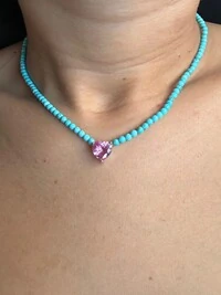 Colar turquesa coração zircônia rosa Prata 925 Ródio