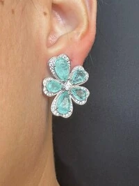 Brinco Flor Turmalina Paraíba zircônia Prata 925 Ródio