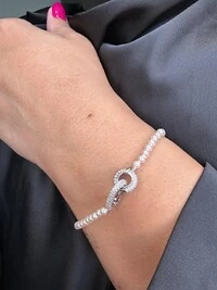 Pulseira Pérola fecho 2 elos zircônia Prata 925 Ródio