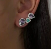 Brinco Ear Cuff três gotas ametista turmalina zircônia Prata 925 Ródio