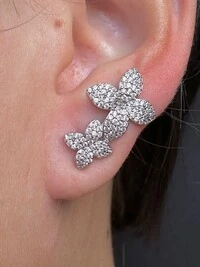 Brinco flor Ear cuff duas flores micro cravação Prata 925 Ródio