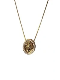 Colar Oval Nossa Senhora Milagrosa zircônia borda Prata 925 Ouro 18k