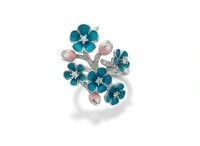 Anel Flor Buque resina azul zircônia Prata 925 Ródio